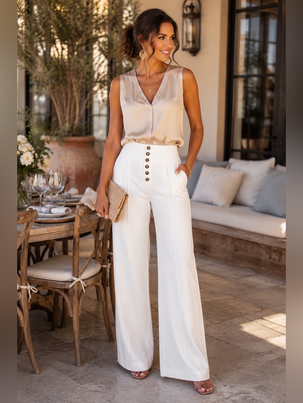 Gianni Bini High-Waist Wide Leg Button-Front Pants - Off White